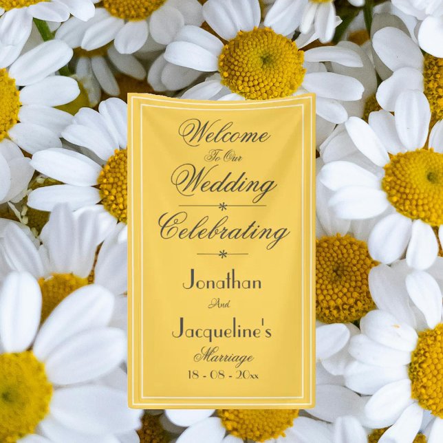 Lona Elegante cartel de bienvenida Boda amarillo (Beautiful sunny yellow 'Welcome to our Wedding' backdrop banner. Chic script. Perfect for pictures.)