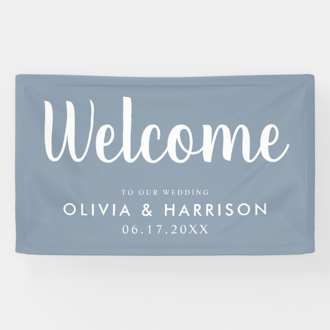 Lona Elegante cartel de bienvenida de Boda azul turbio (Horizontal)