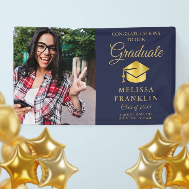 Lona Elegante cartel de graduación de foto de oro azul  (Elegant Navy Blue Gold Photo Graduation Banner)