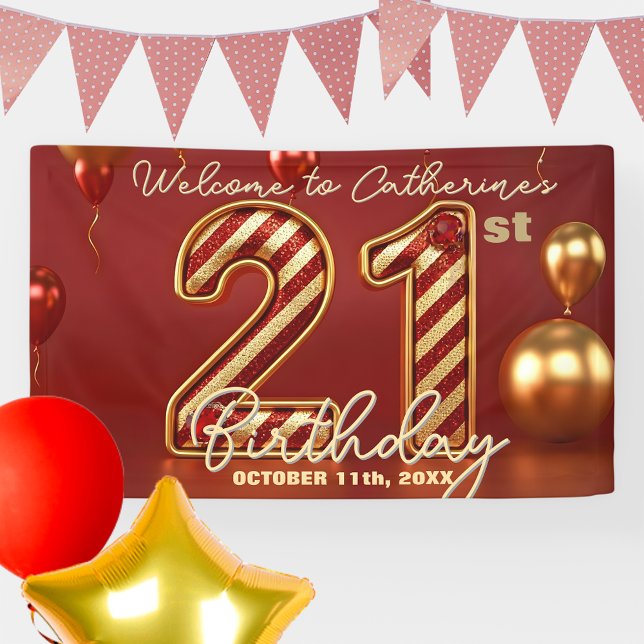 Lona Elegante celebración de cumpleaños 21 en rojo y or (Subido por el creador)