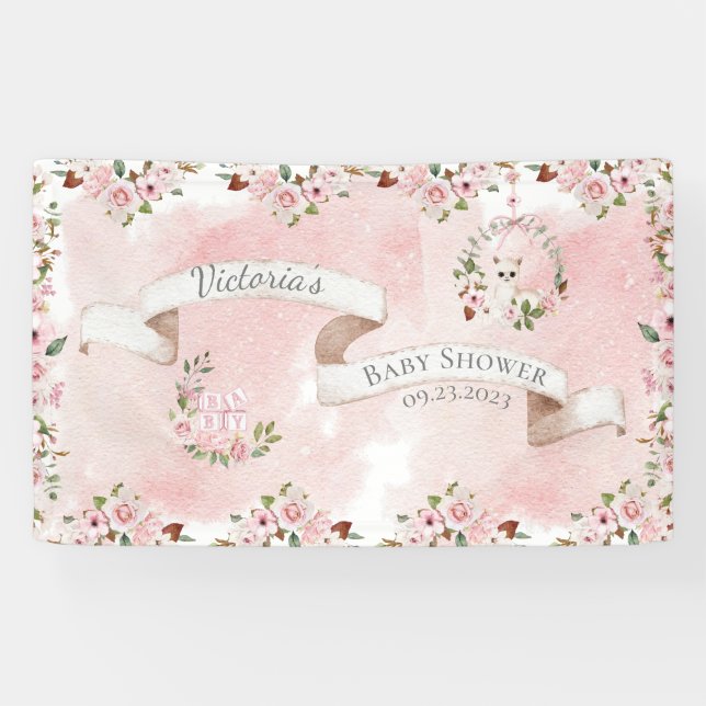 Lona Elegante Chica de nombre floral rosa Baby Shower (Horizontal)