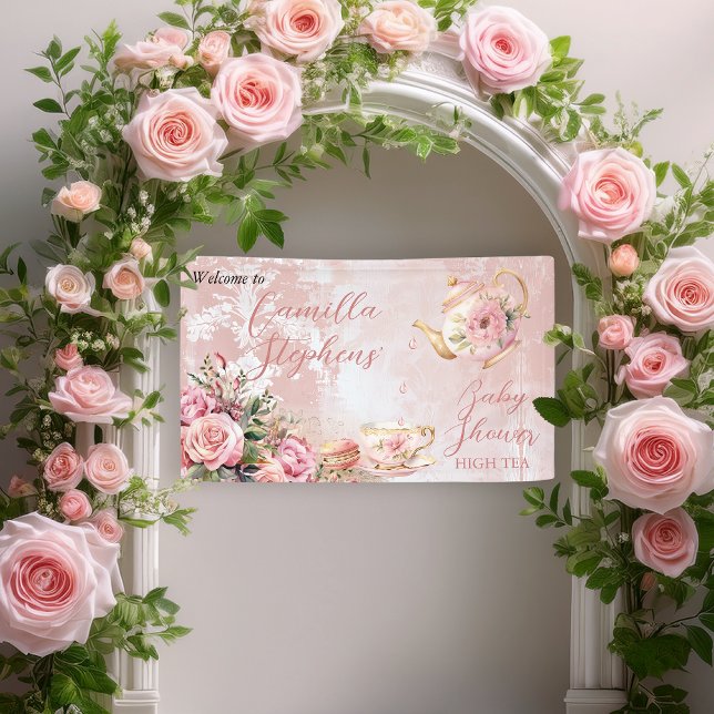 Lona Elegante Chica de té con flores rosadas alta Baby  (Elegant Pink Roses Floral High Tea Teapot and Teacup Girl Baby Shower Welcome Banner)