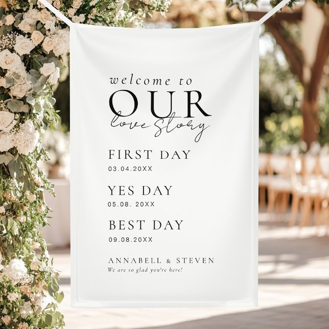 Lona Elegante, Clásico, Blanco, BIENVENIDOS A NUESTRA H (Elegant, Classic, White, WELCOME TO OUR LOVE STORY Banner with your name and dates.)