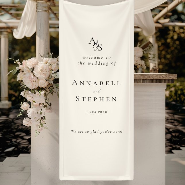 Lona Elegante, clásico, monograma, beige, Boda (Elegant, Classic, Monogram, Beige, Wedding Banner with your Name & Date.)