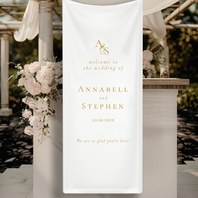 Lona Elegante, clásico, monograma, blanco, Boda (Elegant, Classic, Monogram, White, Wedding Banner with your Name & Date.)