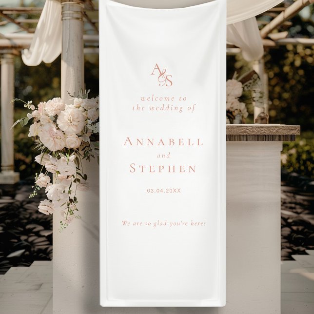Lona Elegante, clásico, monograma, blanco, Boda (Elegant, Classic, Monogram, White, Wedding Banner with your Name & Date.)