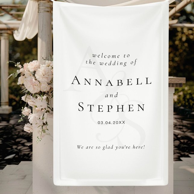 Lona Elegante, clásico, monograma, blanco-negro, Boda (Elegant, Classic, Monogram, White Wedding Banner)