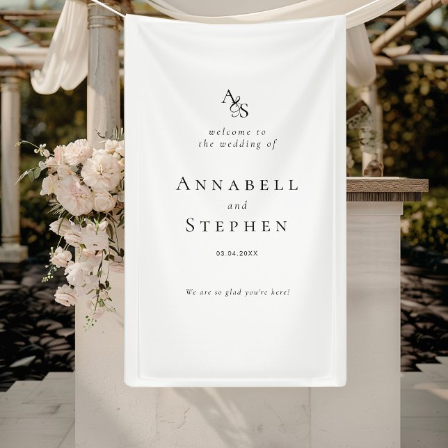 Lona Elegante, clásico, monograma, blanco-negro, Boda (Elegant, Classic, Monogram, White-Black, Wedding Banner with your Name & Date.)