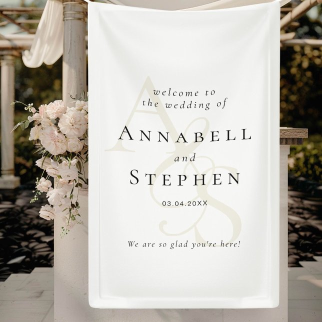 Lona Elegante, clásico, monograma, Boda blanco (Elegant, Classic, Monogram, White Wedding Banner)