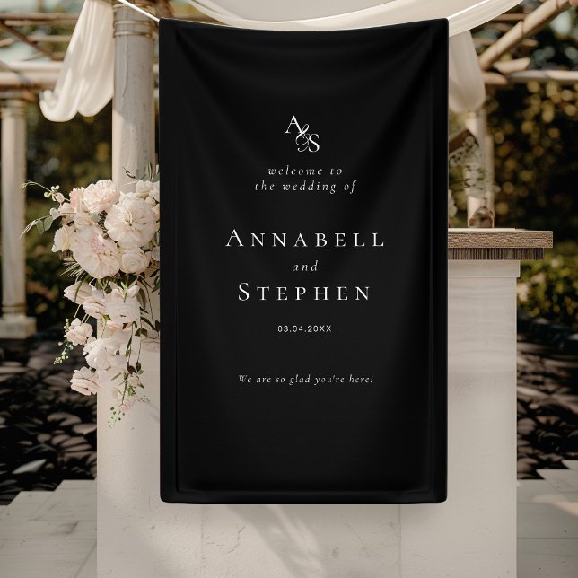 Lona Elegante, clásico, monograma, negro, Boda (Elegant, Classic, Monogram, Black, Wedding Banner with your Name & Date.)