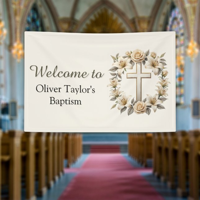 Lona Elegante Cruz Floral Género Bautismo Neutral (Elegant Floral Cross Gender Neutral Baptism Banner)
