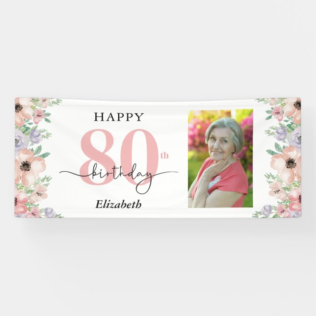 Lona Elegante Cumpleaños 80 con Flores Pastel Foto  (Horizontal)