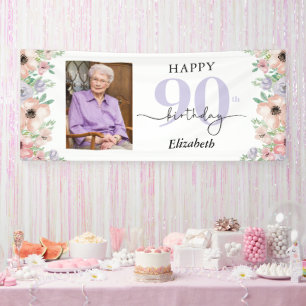 Lona Elegante Cumpleaños 90 con Flores Pastel Foto