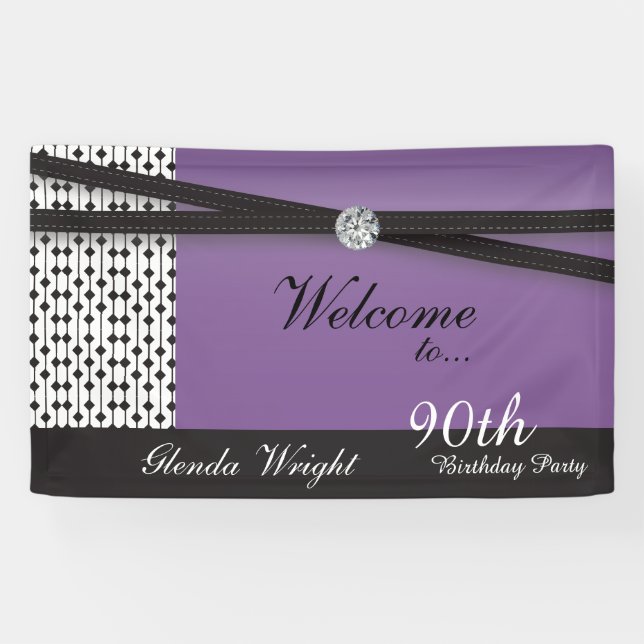 Lona Elegante cumpleaños morado y negro (Horizontal)