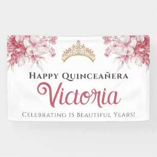 Lona Elegante Cumpleaños Quinceañera Floral Rosa