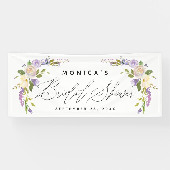Lona Elegante Ducha Bridal Personalizada Floral Púrpura (Horizontal)