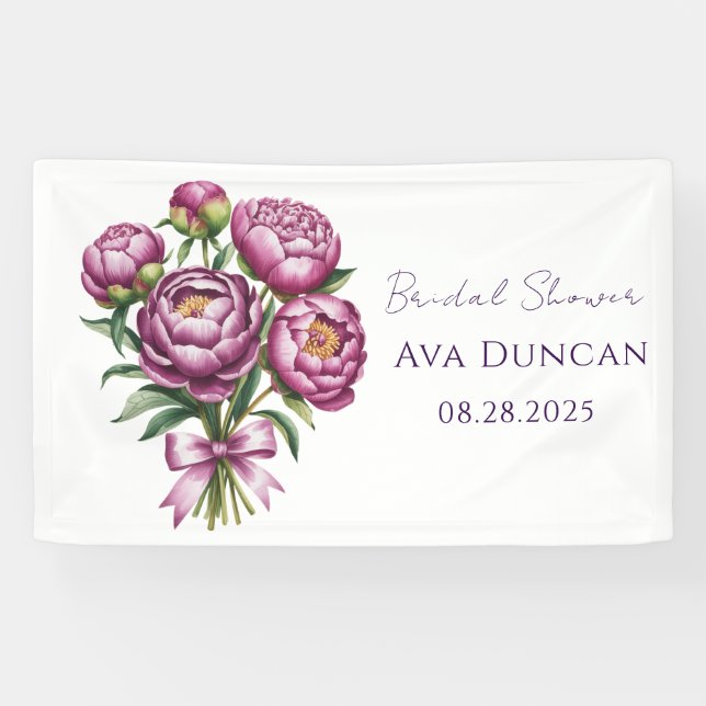 Lona Elegante ducha de novia floral de peonía púrpura (Horizontal)