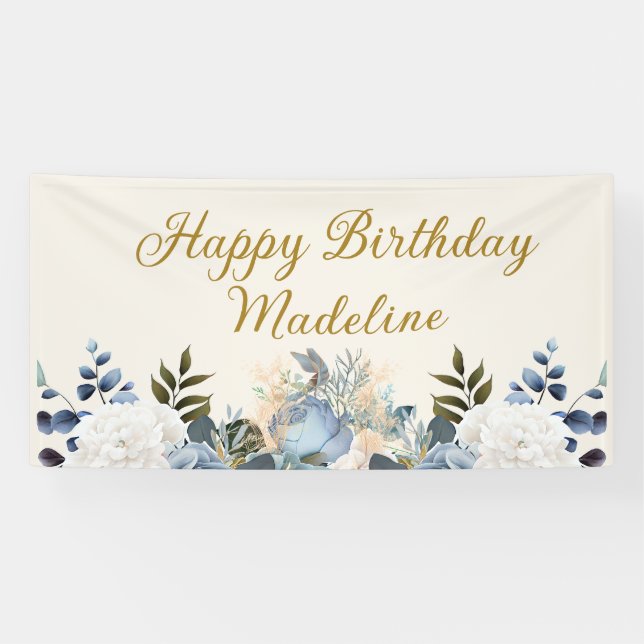 Lona Elegante Dusty Blue Floral Happy Birday Name (Horizontal)