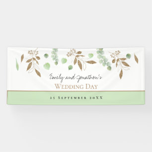 Lona Elegante Eucalipto Green Gold Names Boda de fecha