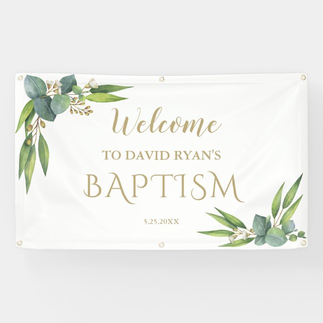 Lona Elegante Eucalyptus Boy Baptism Signo de bienvenid (Horizontal)