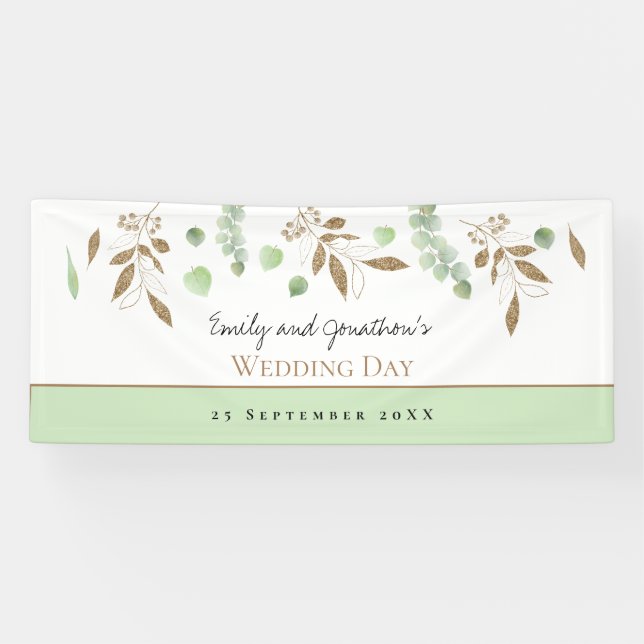 Lona Elegante Eucalyptus Green Gold Names Date Boda (Horizontal)