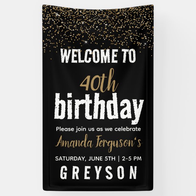 Lona Elegante Fiesta de 40 Años en Negro y Oro (Vertical)