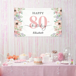 Lona Elegante Fiesta de Cumpleaños 80 con Flores Pastel