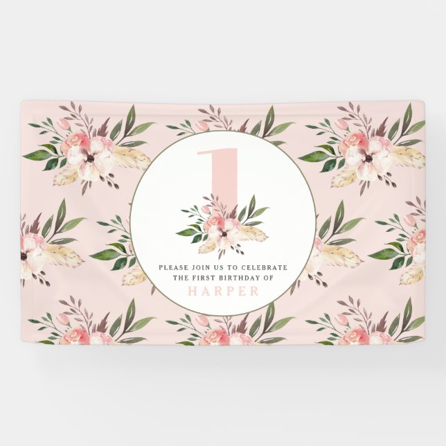 Lona Elegante fiesta de cumpleaños de chicas rosa flora (Horizontal)