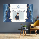 Lona Elegante Fiesta de la Marina Blue Gold Bar Mitzvah<br><div class="desc">Elegante ágata azul marino y dorada decora el lado de esta moderna pancarta de bienvenida Bar Mitzvah fiesta. El nombre de su hijo está escrito en un hermoso guión formal bajo la Estrella de David. Añadir una foto por encima de su fecha de cumpleaños. Perfecto para una moda, elegante familia...</div>