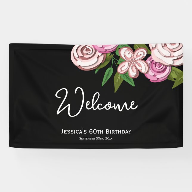 Lona Elegante Floral Black 60th Birthday Welcome (Horizontal)