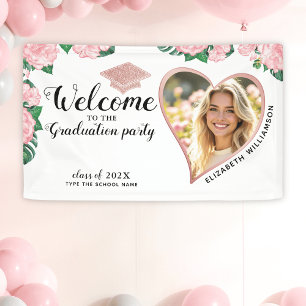 Lona Elegante Floral Blanco y Rosa Bienvenida de Gradua