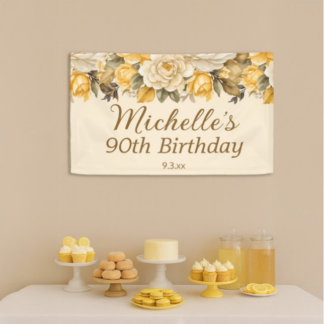 Lona Elegante floral de marfil amarillo crema 90 cumple (Yellow and cream-colored floral 90th birthday party banner)