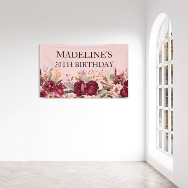 Lona Elegante floral rosa borgoñona 50 cumpleaños (Subido por el creador)