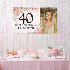 Lona Elegante Floral Rosa Cumpleaños 40 Foto