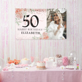 Lona Elegante Floral Rosa Cumpleaños 50 Foto