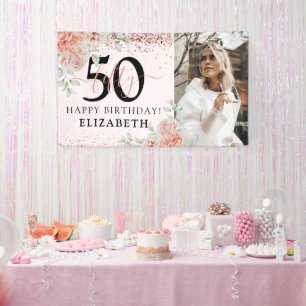 Lona Elegante Floral Rosa Cumpleaños 50 Foto