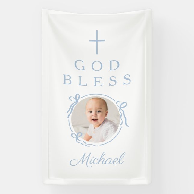 Lona Elegante foto de bebé niño azul Dios te bendiga (Vertical)