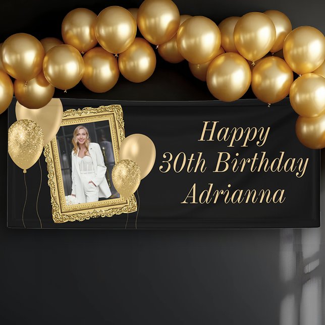 Lona Elegante foto y globos en negro y oro (Elegant Gold Birthday Banner with Photo)