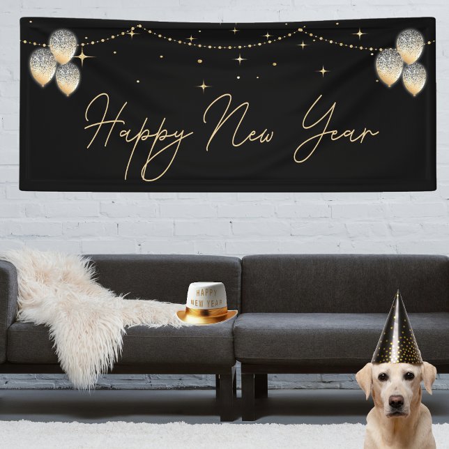 Lona Elegante globo de oro negro feliz año nuevo (Chic black and gold Happy New Year party banner. twinkling accents, ideal for holiday celebration)