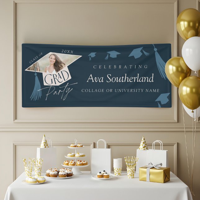 Lona Elegante Grad Cap & Tassel Photo Graduation Party (Elegant Grad Cap & Tassel Photo Graduation Party Banner)