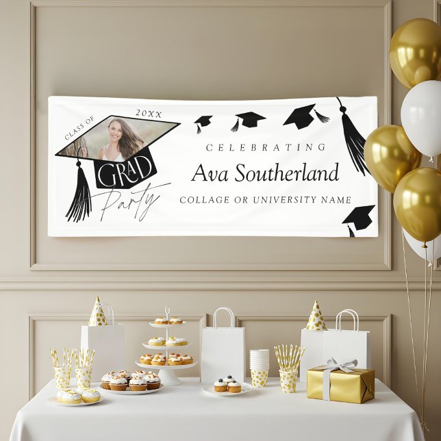 Lona Elegante Grad Cap & Tassel Photo Graduation Party (Elegant Grad Cap & Tassel Photo Graduation Party Banner)