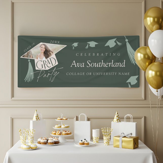 Lona Elegante Grad Cap & Tassel Photo Graduation Party (Elegant Grad Cap & Tassel Photo Graduation Party Banner)