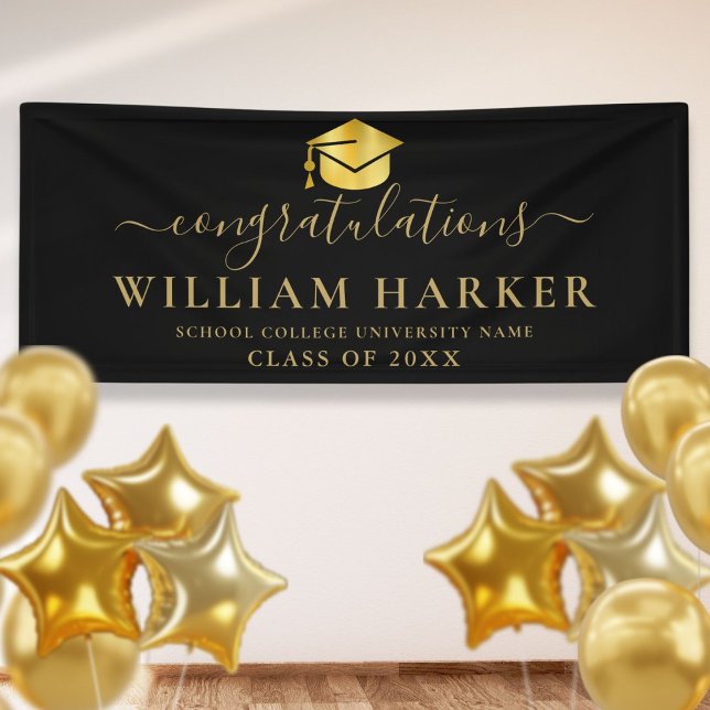 Lona Elegante Graduación Moderna De Guiones Negros Y Or (Elegant Modern Black And Gold Script Graduation Banner)