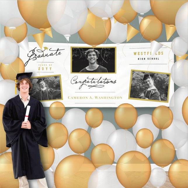 Lona Elegante Graduado de Guión 3 Partido de Graduación (Stylish Handwriting Script Graduate 3 Photo Graduation Party Banner @ www.zazzle.com/color_therapy)