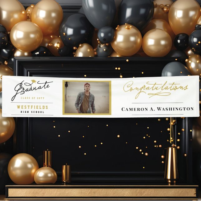 Lona Elegante Graduado Guión Un Partido de Graduación d (Simple Stylish Graduate Script 1 Photo Modern Graduation Party Banner @ www.zazzle.com/color_therapy)