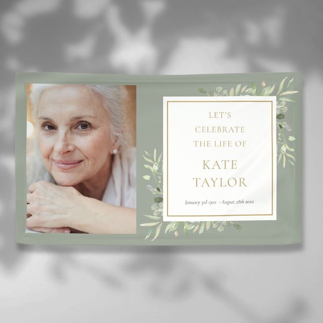 Lona Elegante Green Photo Funeral Memorial Service (Elegant Greenery Photo Funeral Memorial Service Banner)