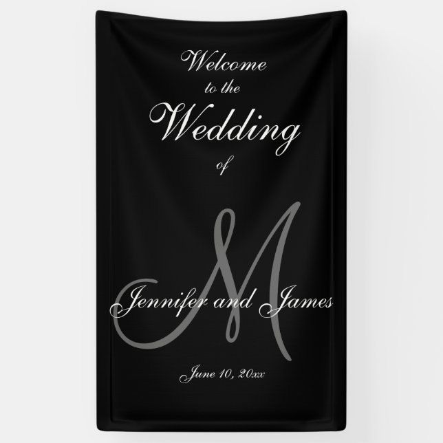 Lona Elegante Gris M Inicial y Nombre Banner Boda (Vertical)