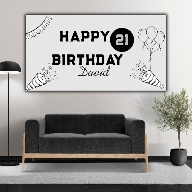 Lona Elegante Gris moderno y Negro Feliz 21 cumpleaños (Subido por el creador)