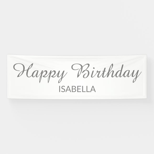 Lona Elegante guión blanco gris Feliz Cumpleaños (Horizontal)