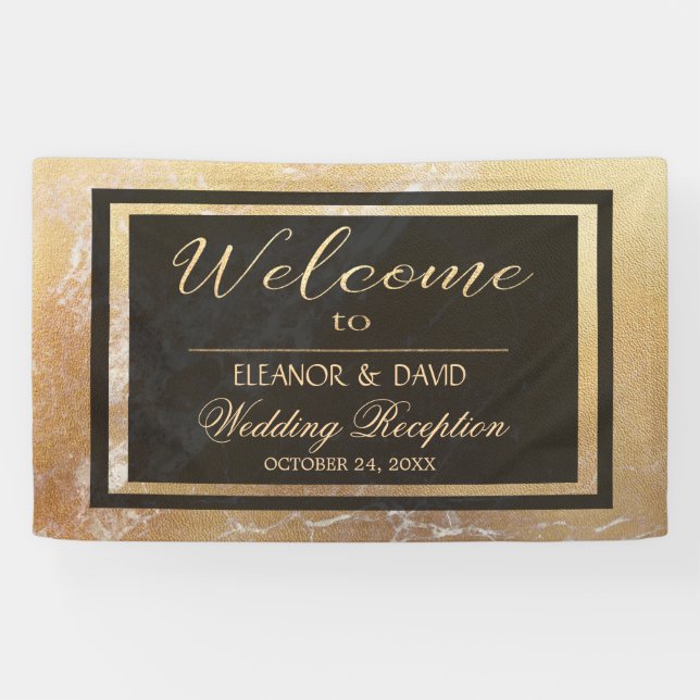 Lona Elegante guión boda de mármol negro dorado de lujo (Horizontal)